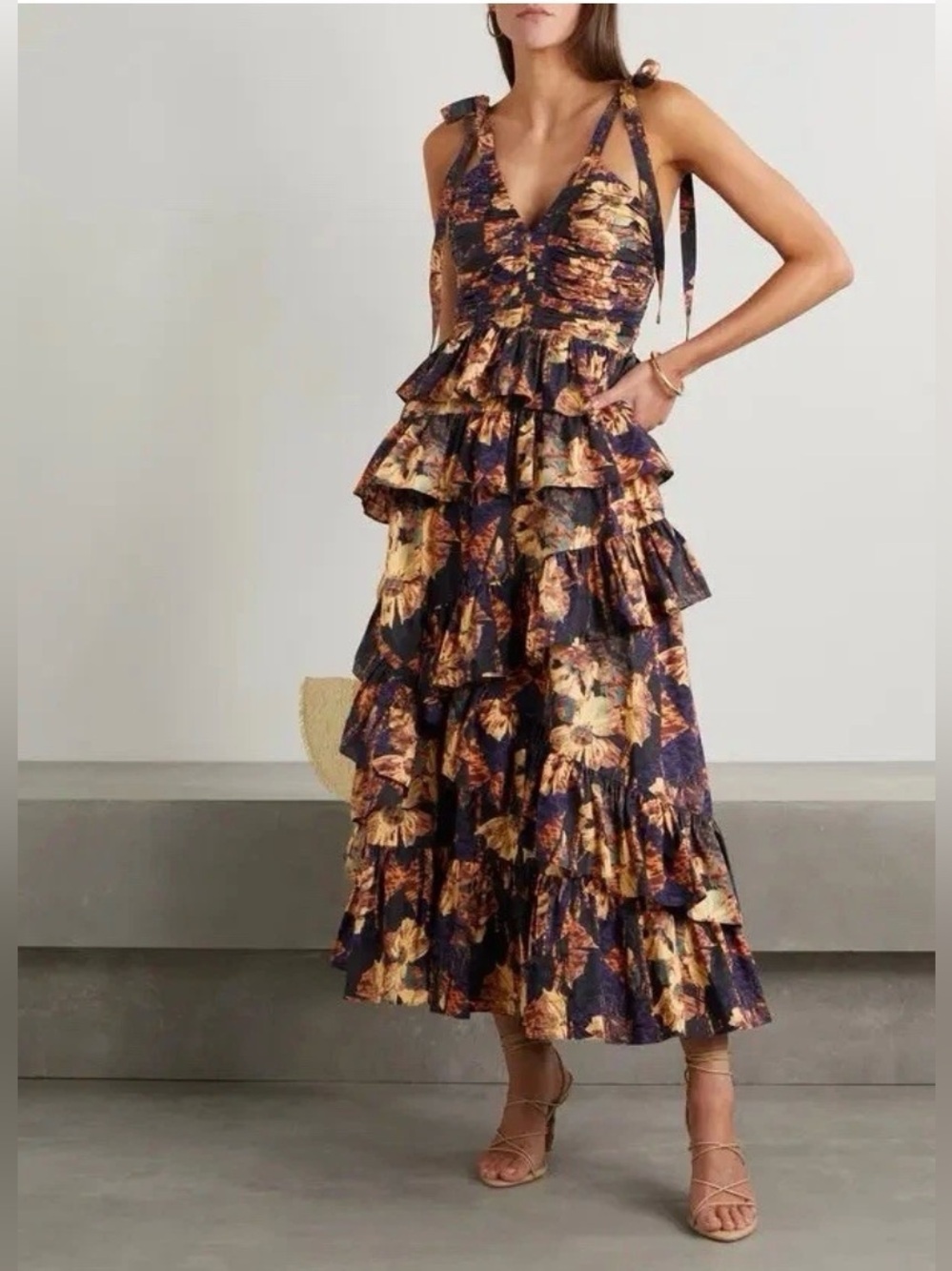 Ulla Johnson Size 8 Candace Floral Tie Shoulder Tiered Ruffle Midi Dress Size 8